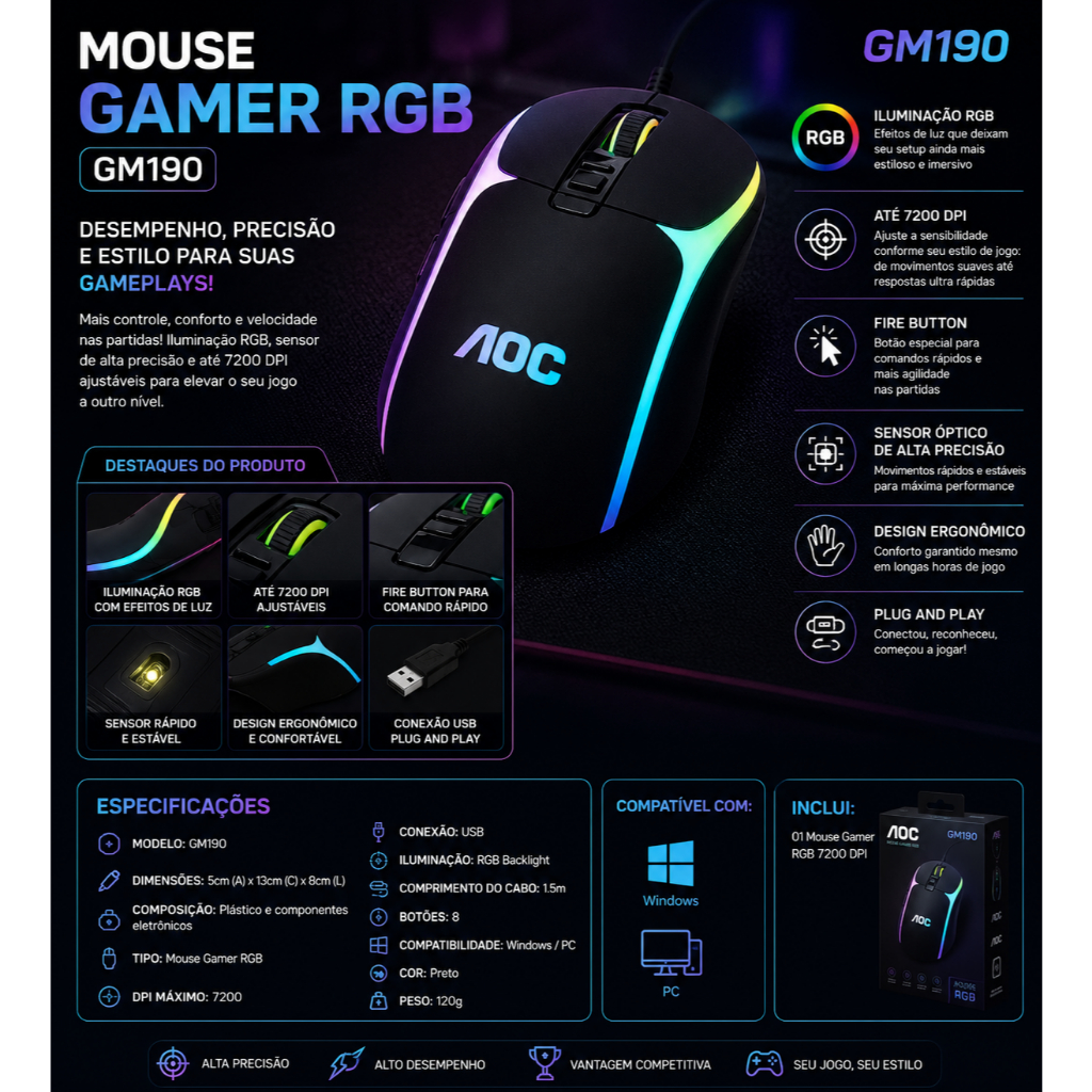 Mouse Gamer Multicolor Ajuste Alta Precisao 7200 DPI com Led RGB AOC GM190
