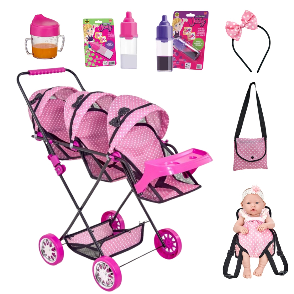 CARRINHO DE BONECA TRIGEMEOS LUXO SAG TOYS ACESSORIOS REBORN ALIVE BABY