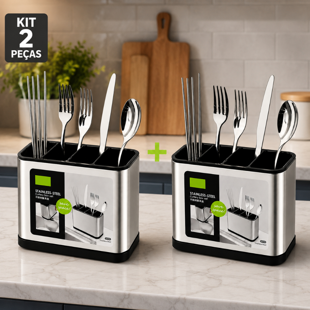 Kit 2 Escorredor e Porta Talheres 4 Divisões em Aço Inox Organizador Para Pia Premium