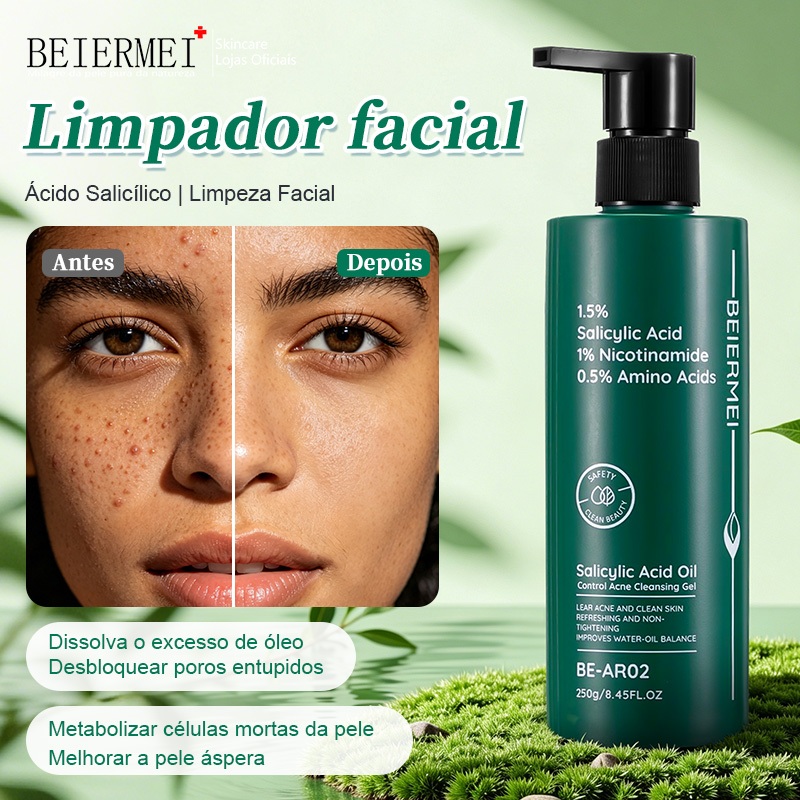 Imagem BEIERMEI Limpador facial Ácido salicílico Poros finos Remoção de óleo e acne de controle gel de limpeza facial