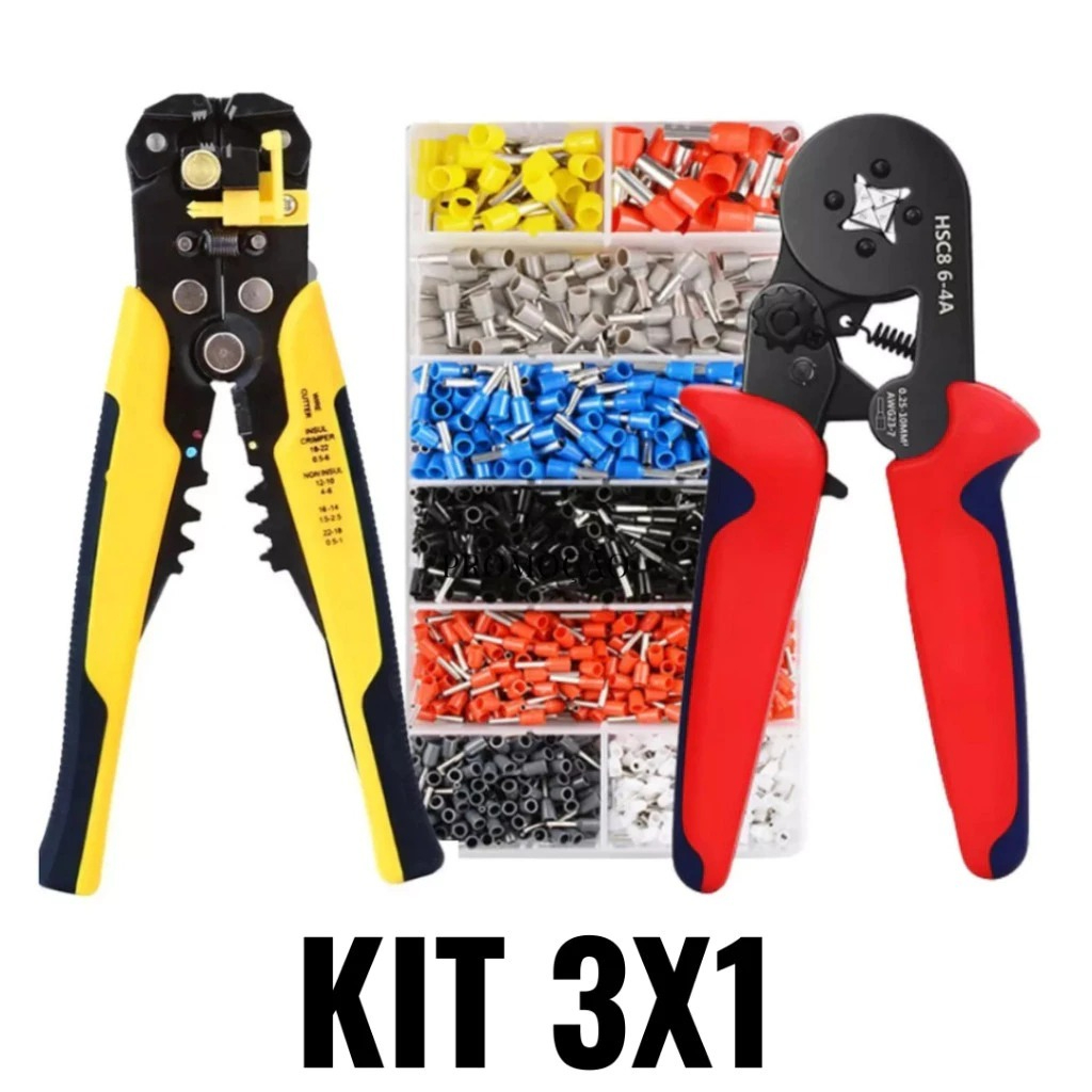 Kit de alicates de crimpagem + terminais de 1200 furos + alicates de decapagem de 0,25 a 10mm²