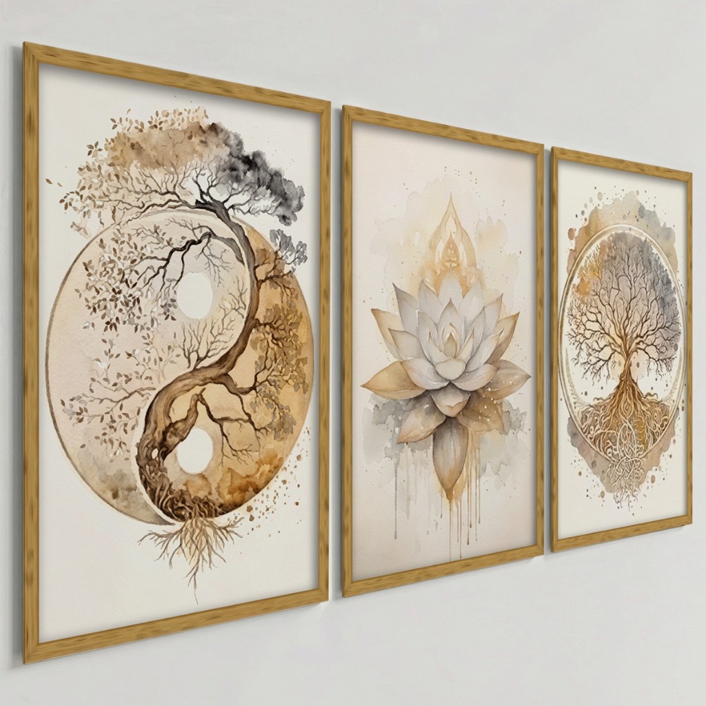 Imagem Kit 3 Quadros Decorativos Yin Yang Árvore da Vida Flor de Lótus Zen Espiritual Bege