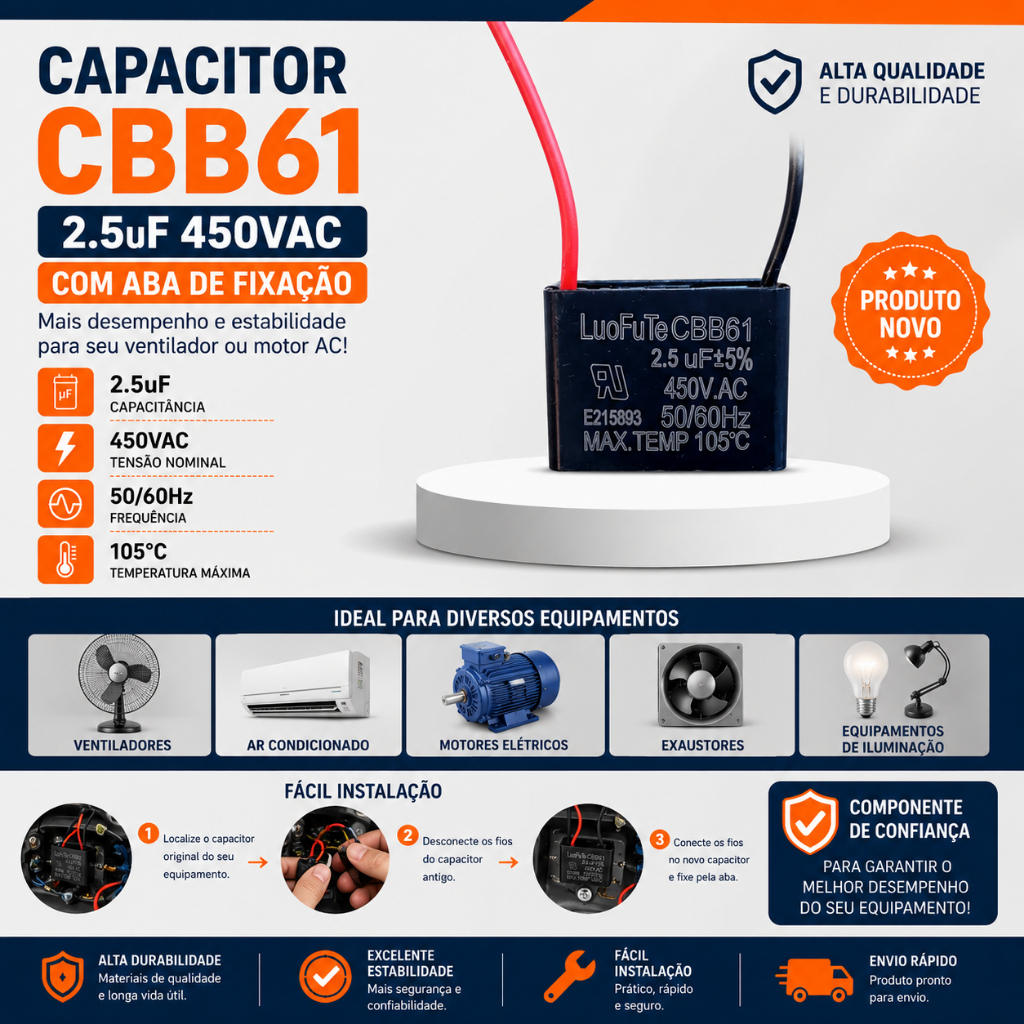 Capacitor CBB61 2,5uF 450VAC Com Aba 2 Fios Para Ventilador Motor Exaustor