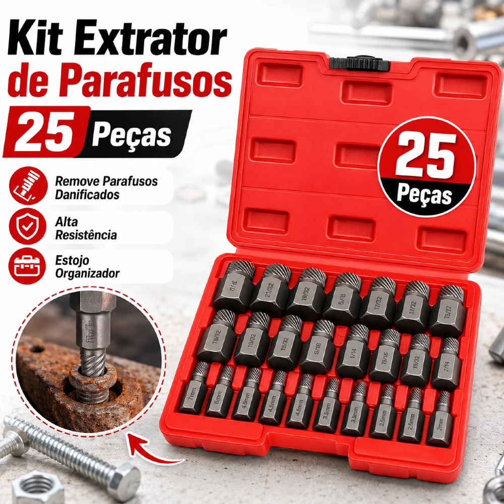 25 Peças Conjunto de Extrator de Parafusos Cabeça Sextavada - Remoção Fácil de Parafusos e Pernos Danificados