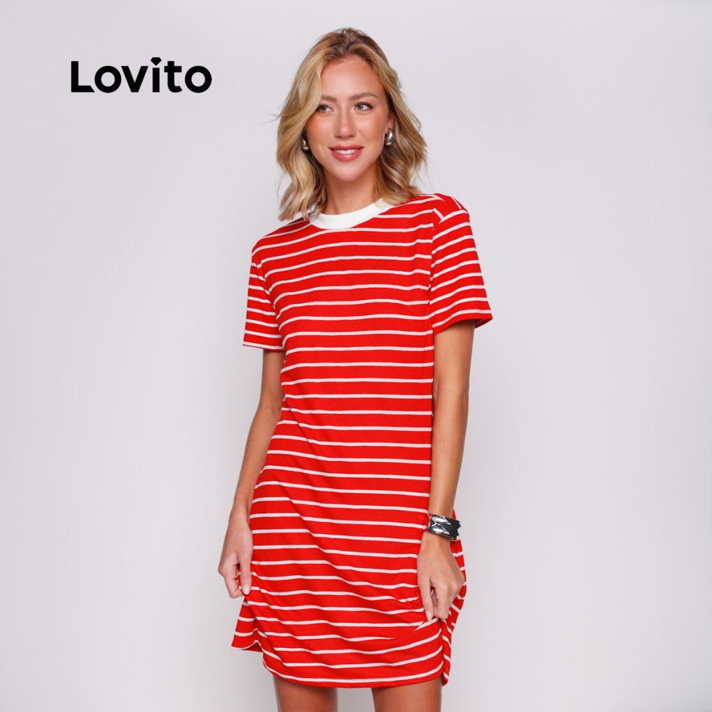 Lovito Vestido Curto Vermelho Gola Contrastante Feminino Listrado DRB1230BRL1260
