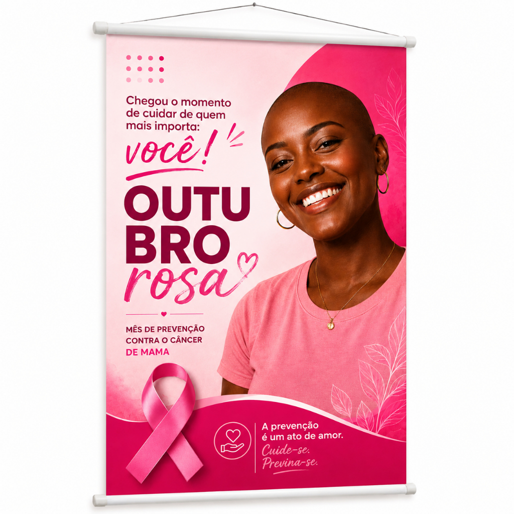 Banner Outubro Rosa Campanha Câncer De Mama Saúde produzido em lona. Cartaz Conscientização Eventos Hospital Pub1079