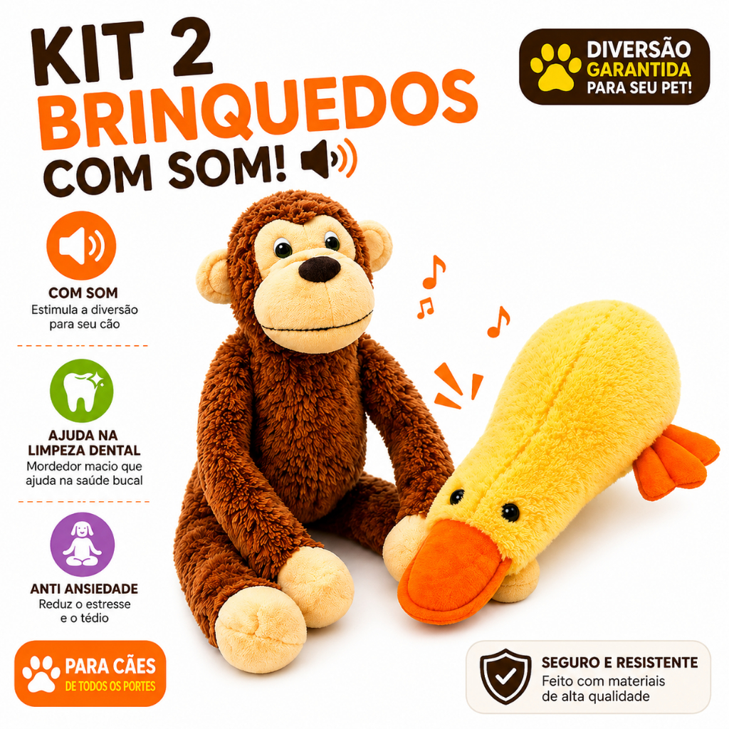 Kit 2 Brinquedos Pet Pelúcia com Som Anti Ansiedade Cães Resistente Limpa Dentes