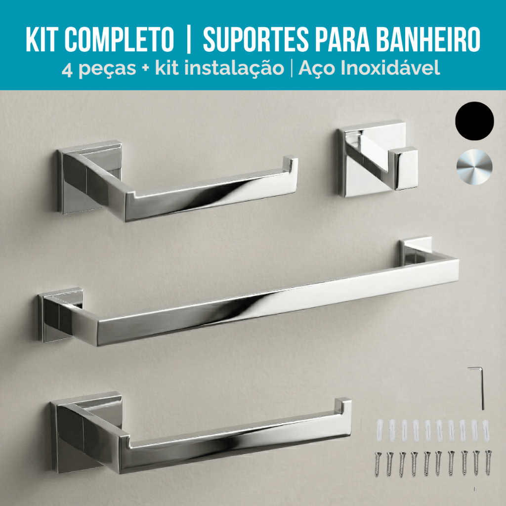 Kit Acessório Banheiro 4 Peças 60cm Aço Inox 304 Luxo Toalheiro Parede Preto Cromado Lavabo Quadrado