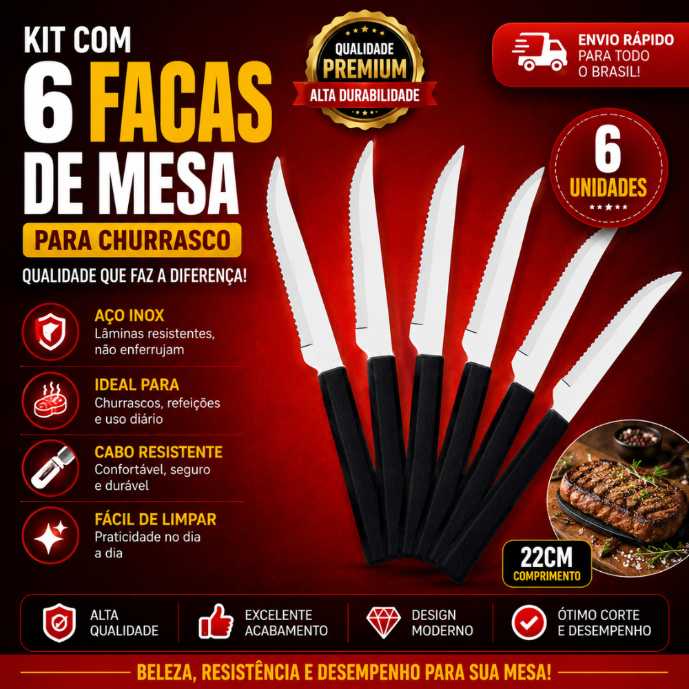 Kit com 6 Faca de Mesa, Churrasco Talher de Aço Inox 22cm com Cabo Colorido Preta.
