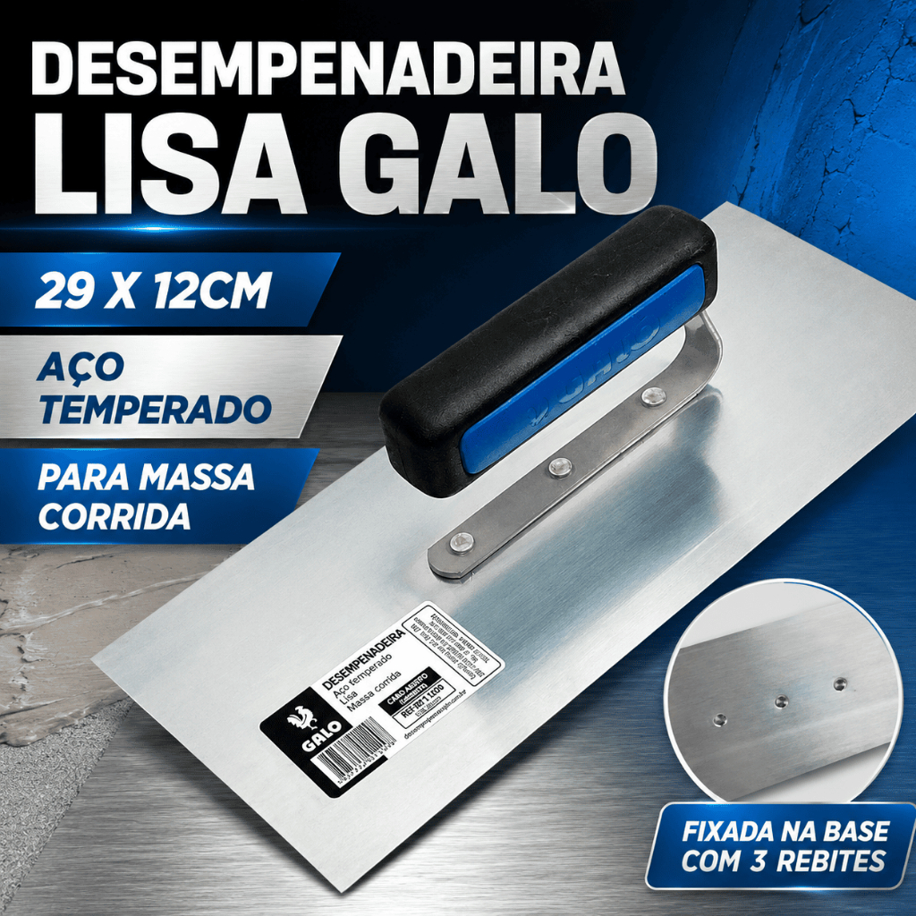 Desempenadeira de Aço Lisa Galo 112/00 29x12cm Cabo Aberto Emborrachado Massa Corrida