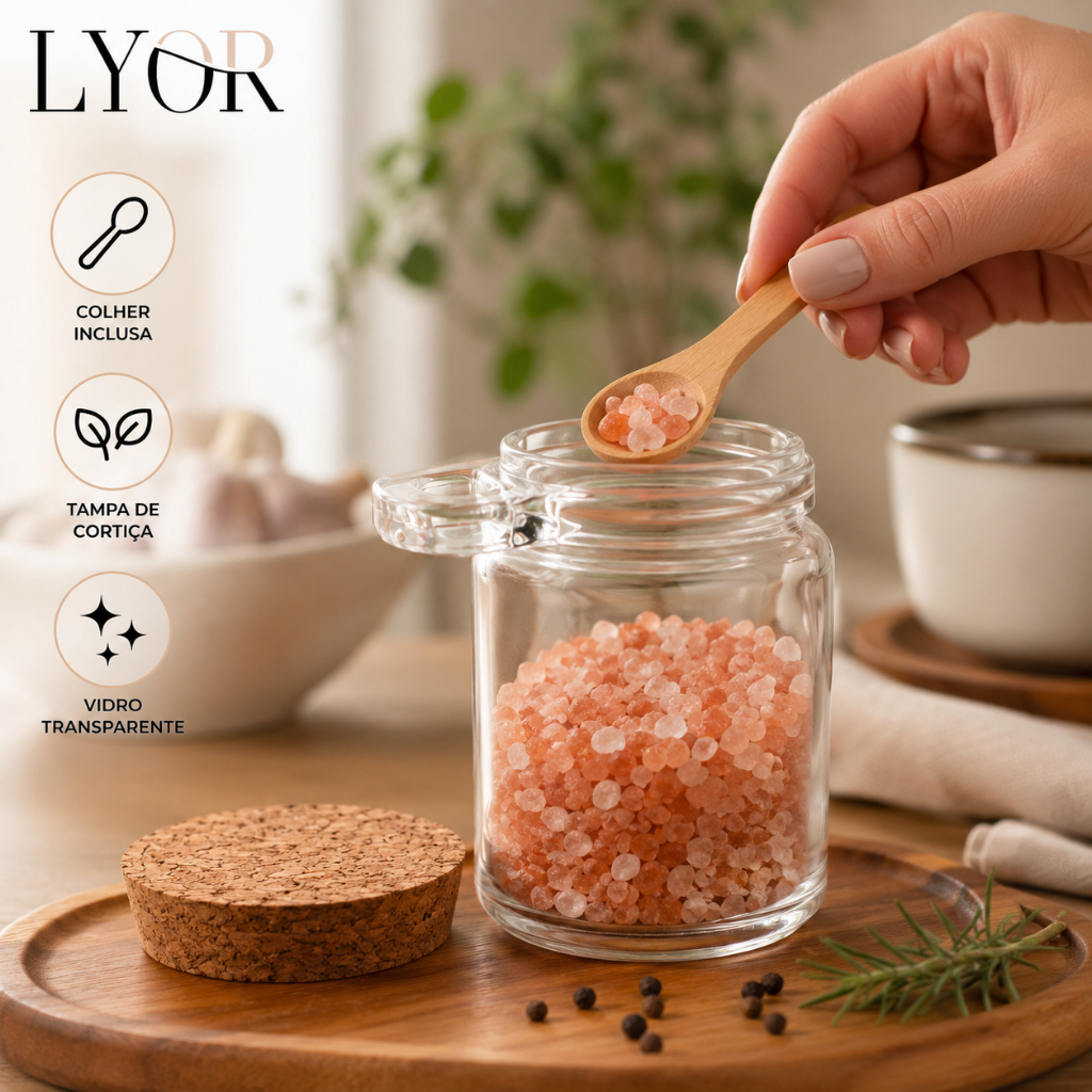 Pote de Vidro com Colher em Bambu e Tampa Rolha 240ml Lyor - Saleiro e Porta Condimento