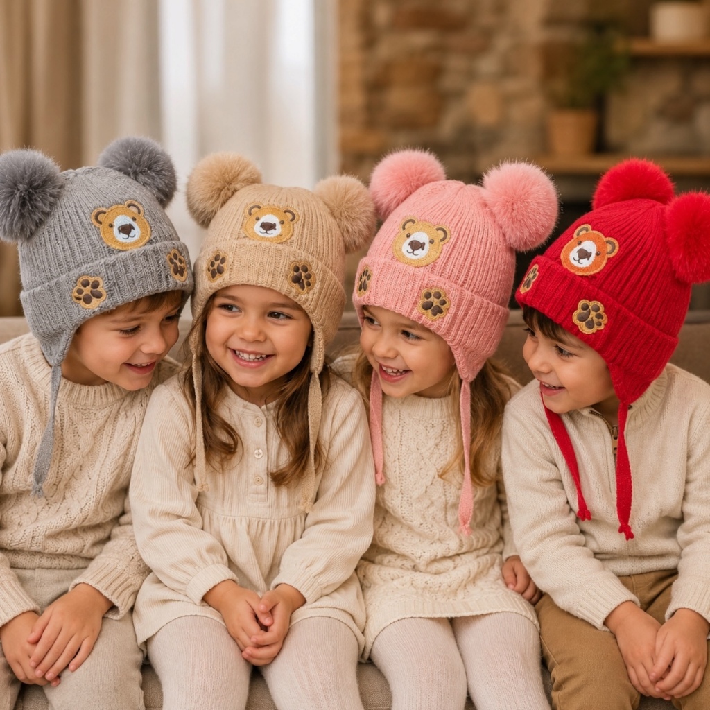 Touca Gorro Infantil Feminino e Masculino Ursinho Forrada Com Pompom Gorro Inverno Frio