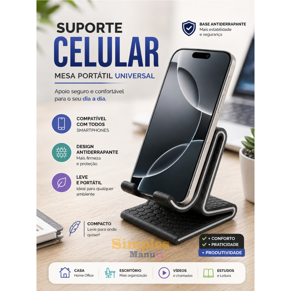 Suporte Celular Mesa Portátil Universal | Apoio Smartphone Escritório Home Office Antiderrapante Compacto