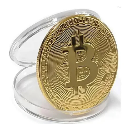 Moeda Bitcoin Física Decorativa Dourada com Cápsula – Presente Colecionador BTC