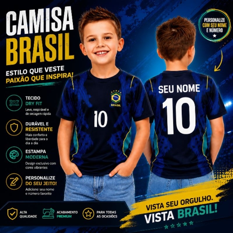 Camiseta do Brasil Azul Camisa da Copa com seu nome Personalizado Camisa Personalizada do Brasil