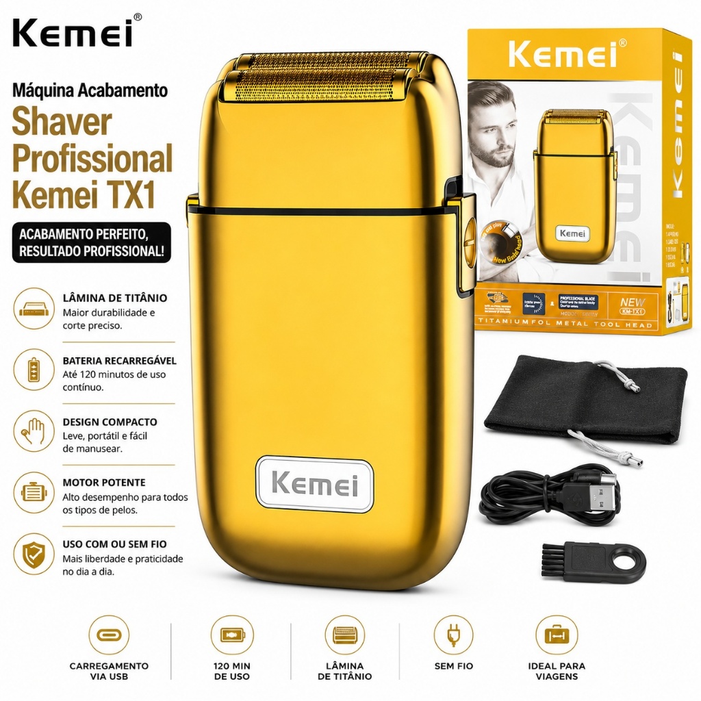 Máquina Acabamento Shaver Profissional Kemei Barbeador Barba Km-TX1 Recarregável Sem Fio Sem Pelo