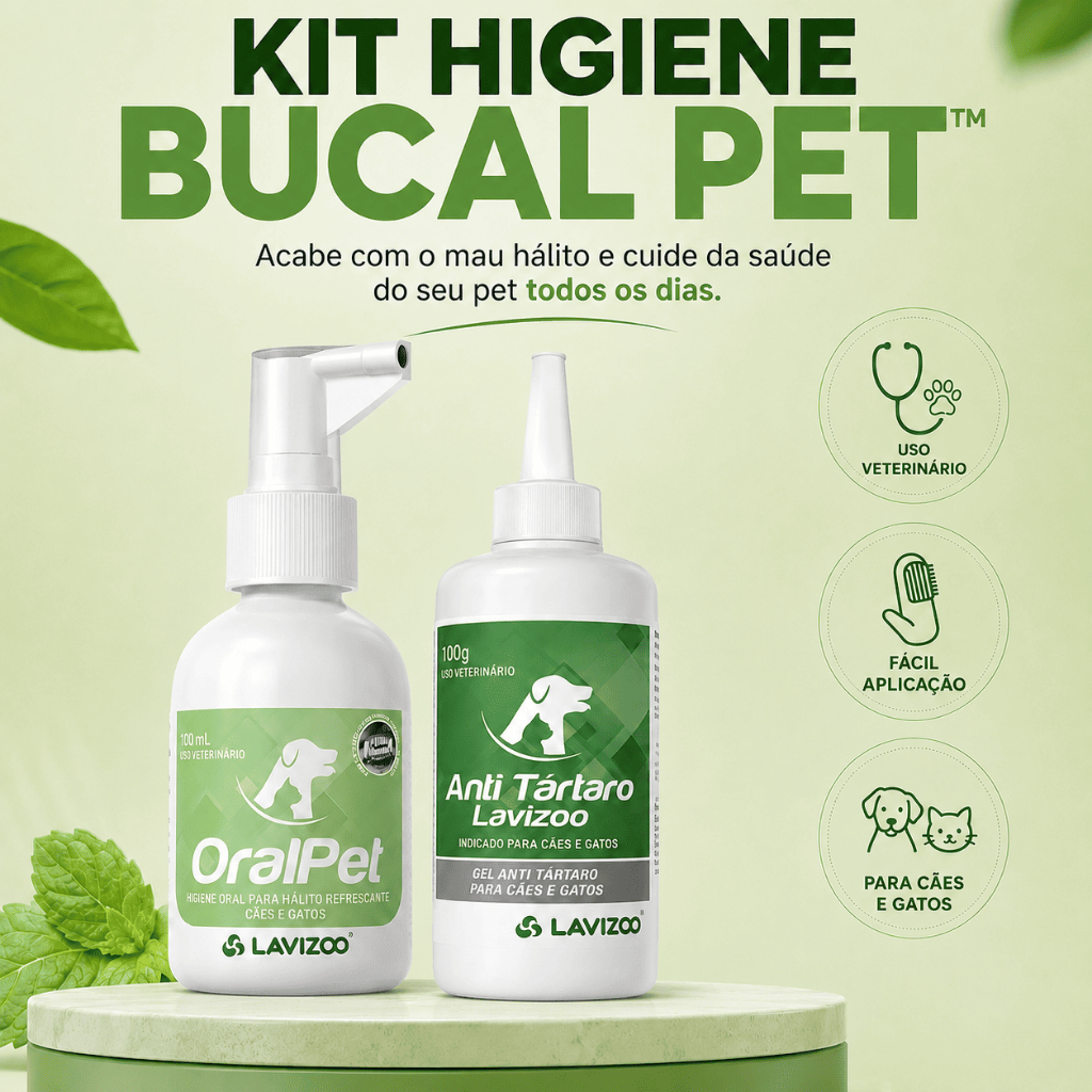 Kit Higiene Bucal Pet Anti Tártaro + OralPet Spray Lavizoo Limpeza Dental para Cães Gatos Mau Hálito