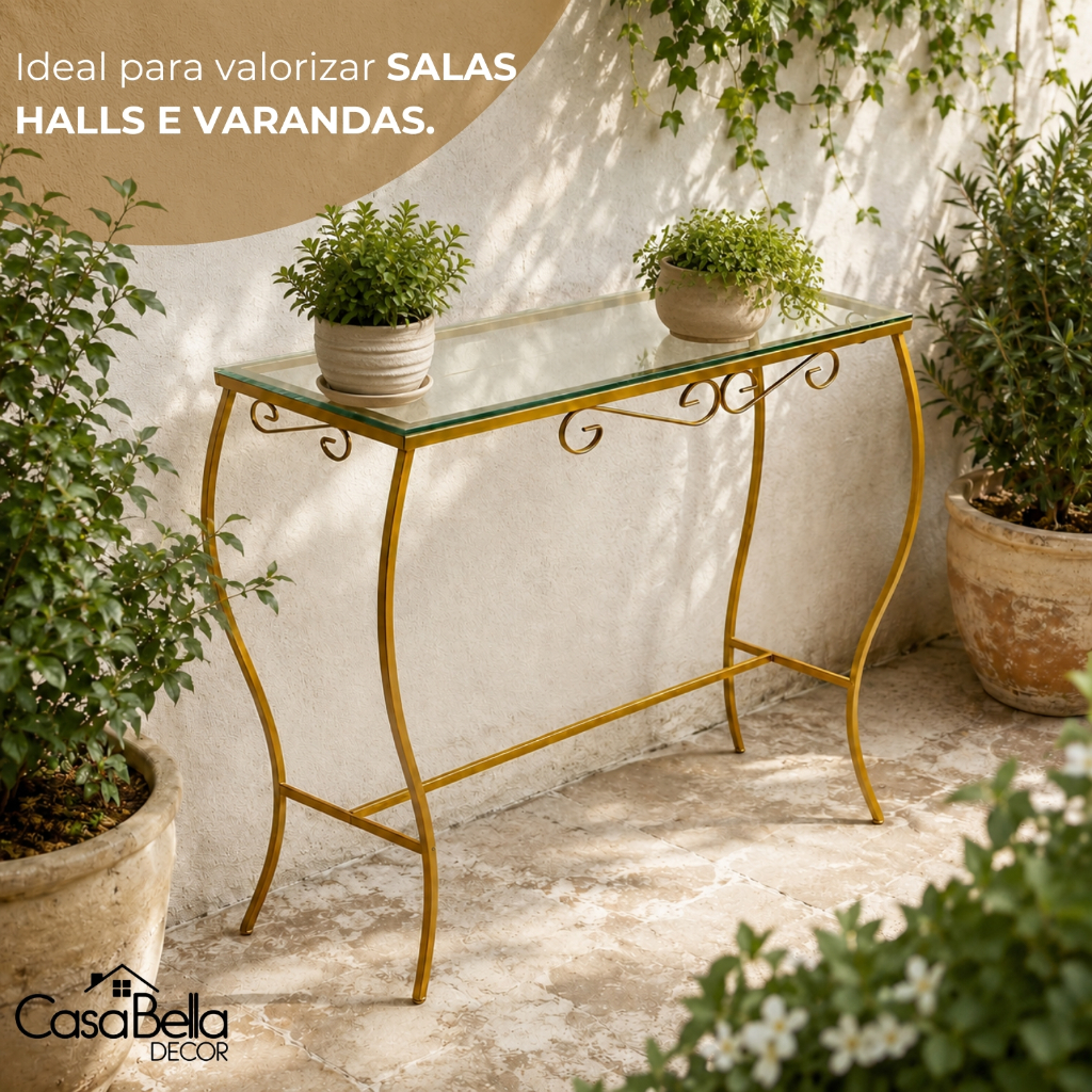 Aparador de Ferro 70cm Dourado Decorações Para Sala Móveis Mesas com Vidro Moderno Cantinho do Café