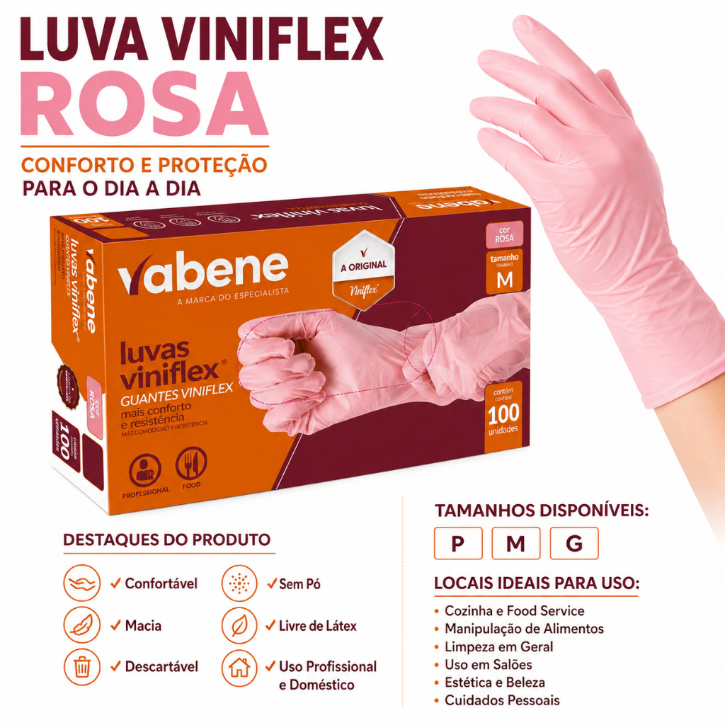 Luva Rosa viniflex sem pó TPE 100 Unidades | Alta Resistência Cuidado Limpeza Alimentos