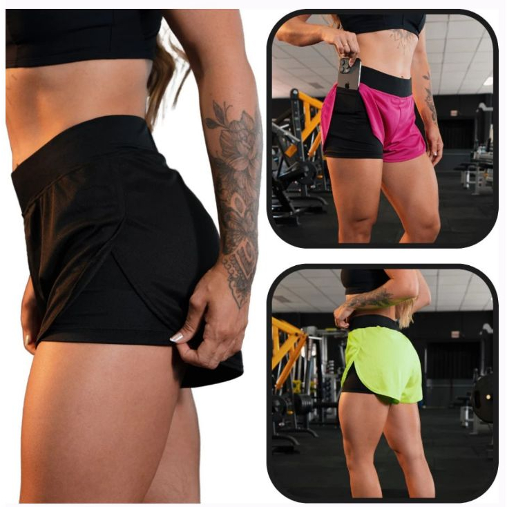 Shorts compressão 2 em 1 feminino para academia caminhadas e corrida Confortável