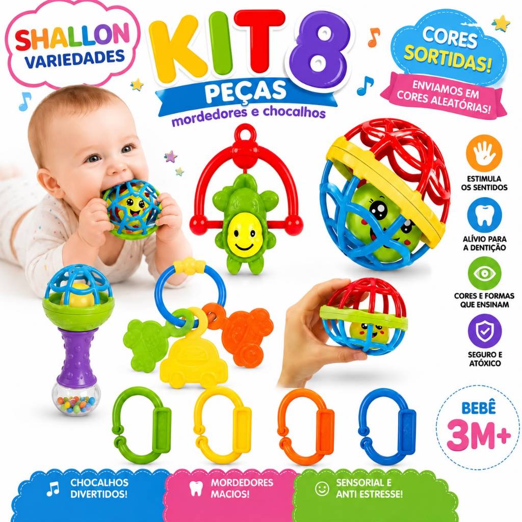 Kit 8 Brinquedos Bebe Chocalho Mordedor Silicone Macio Bola Colorida Para Meninas/Meninos Móbile>>>>