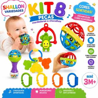 Kit 8 Brinquedos Bebe Chocalho Mordedor Silicone Macio Bola Colorida Para Meninas/Meninos Móbile>>>>