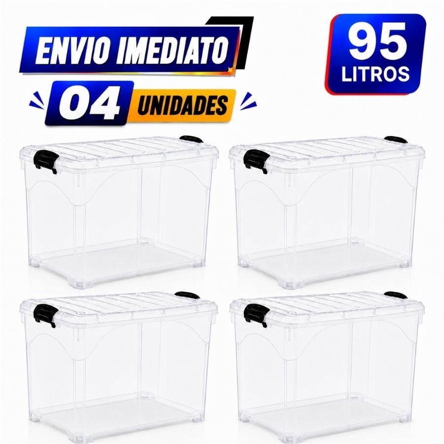 Caixa Baú Organizadora 95L Grande Transparente com Rodinhas e Travas