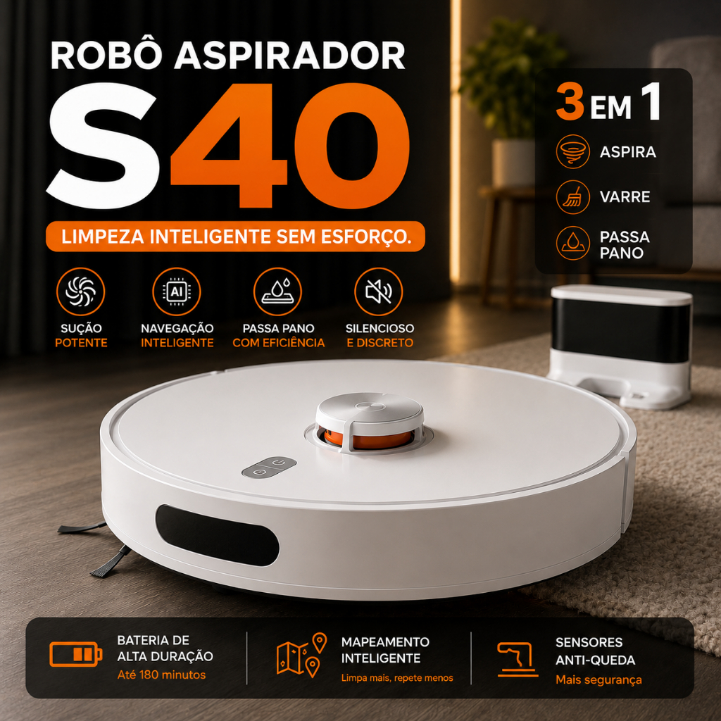 Robô Aspirador S40 Inteligente 3 em 1 Aspira Varre e Passa Pano