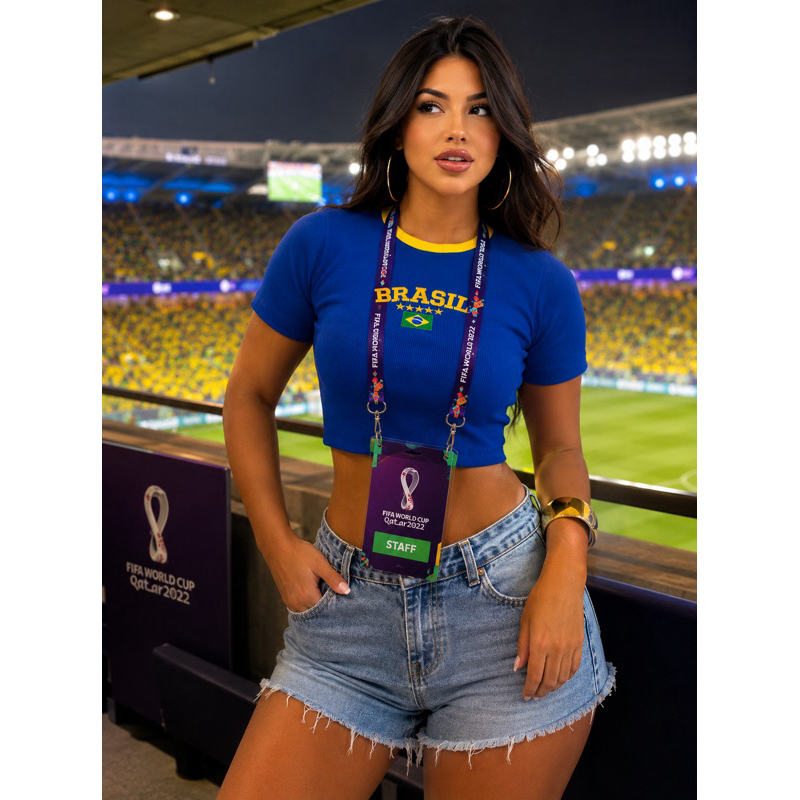 croped bordado do brasil - manguinha 3/4 - blusinha copa 2026 - tendências 2026 - Ribana premimu - manga curta