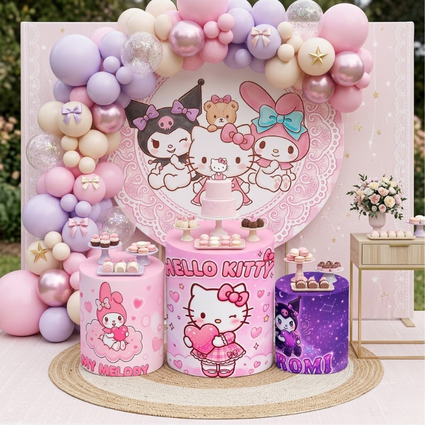 Capa Painel Redondo Trio Cilindro Helo Ktty My Mlody Koromi Decoração Festa Infantil Menina Rosa