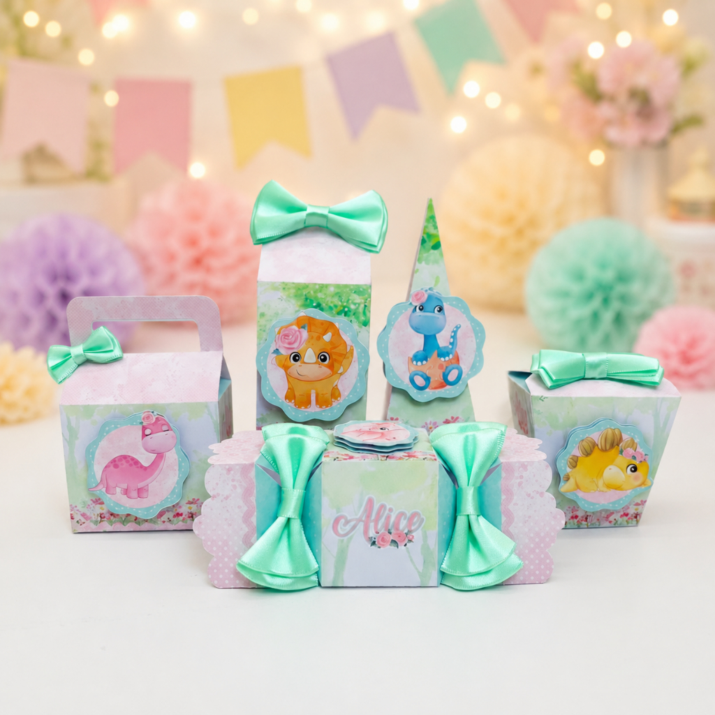 Kit Festa Dinossauro Rosa Lembrancinhas Personalizadas Caixinhas Para Doces Aniversário Infantil Dino Fofo Menina