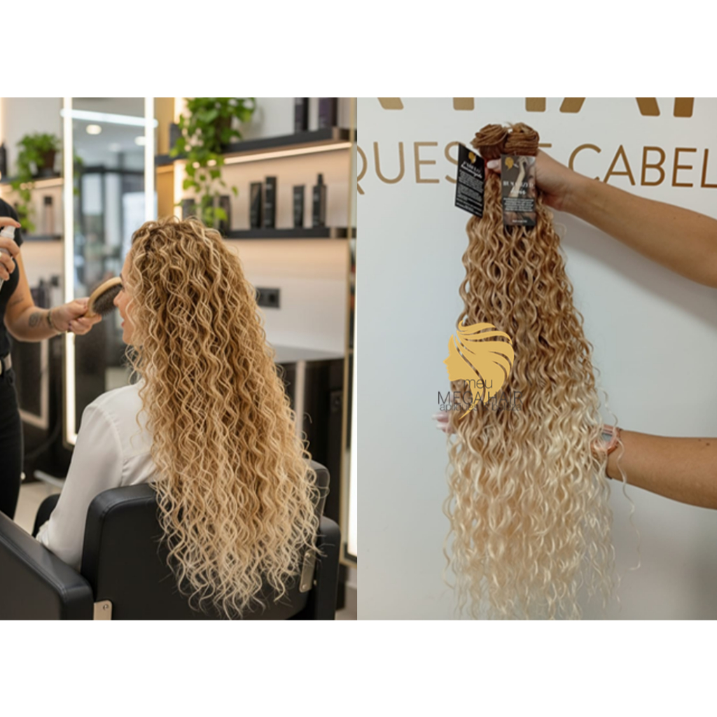 Aplique Cabelo 100% Semi Humano Telado Cacheado Loiro Perola 50cm igual Brasileiro do Sul