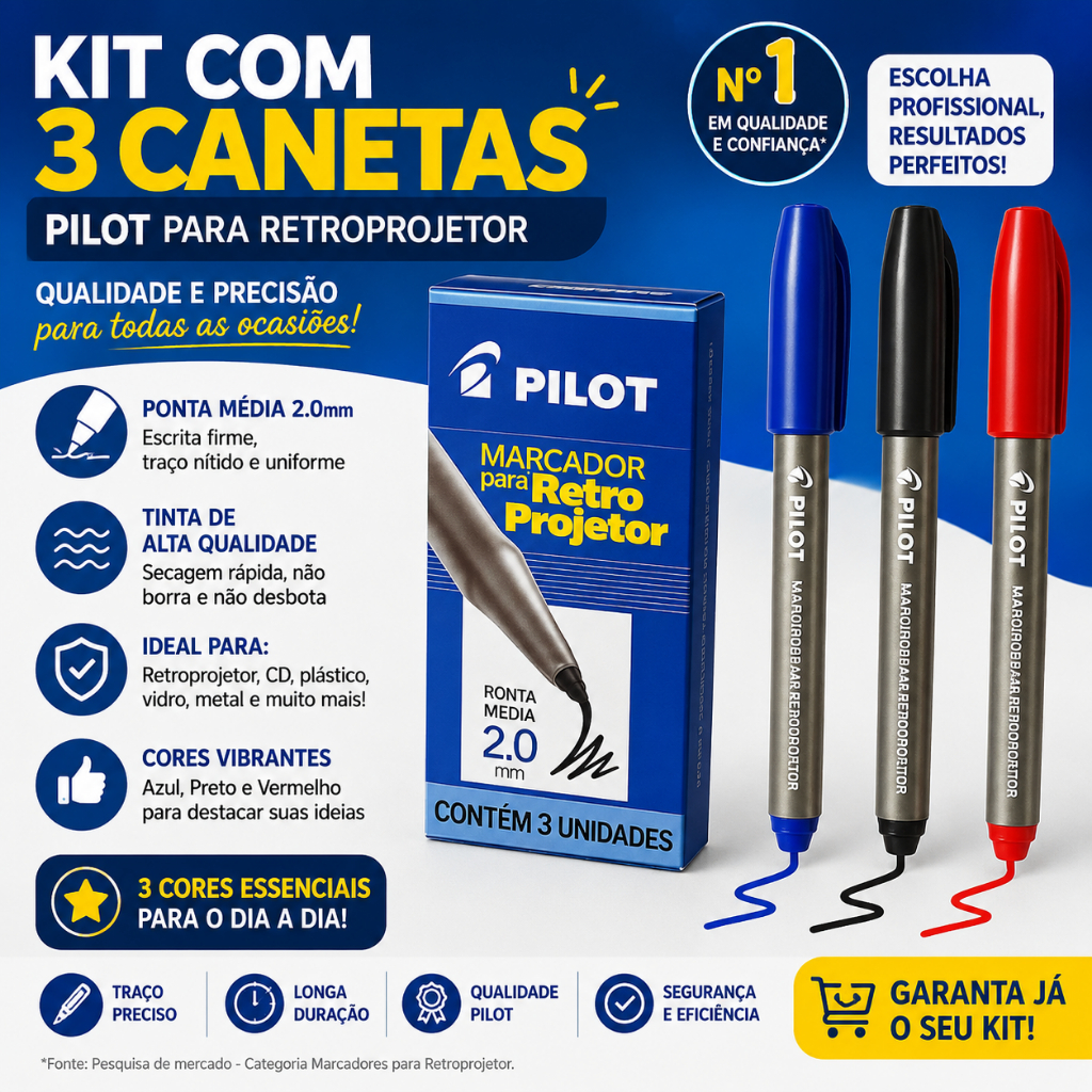 Kit 3 Marcadores Pilot para Retroprojetor Ponta Média 2.0mm Azul Preto Vermelho