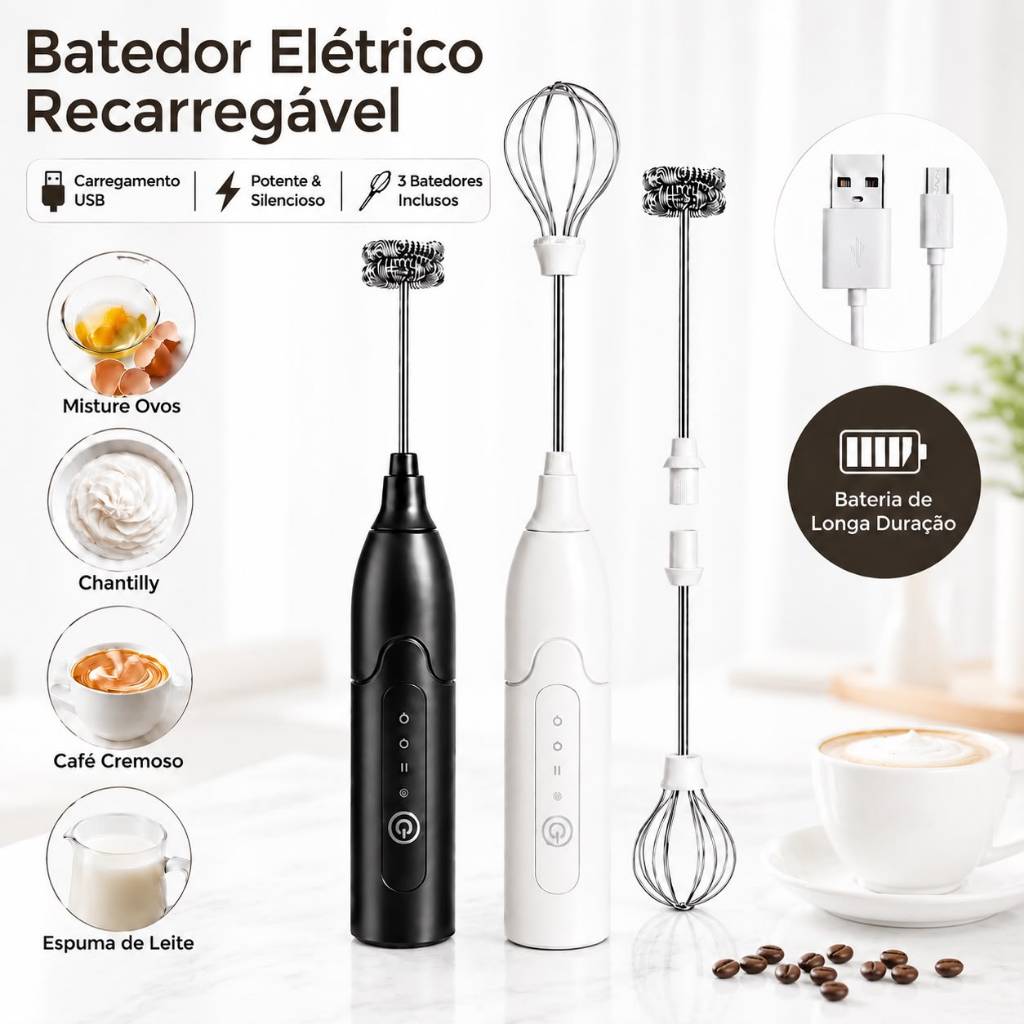 Mixer Elétrico Portátil 2 em 1 | Espumador de Leite, Batedor de Ovos e Misturador para Café, Leite, Chocolate e Bebidas