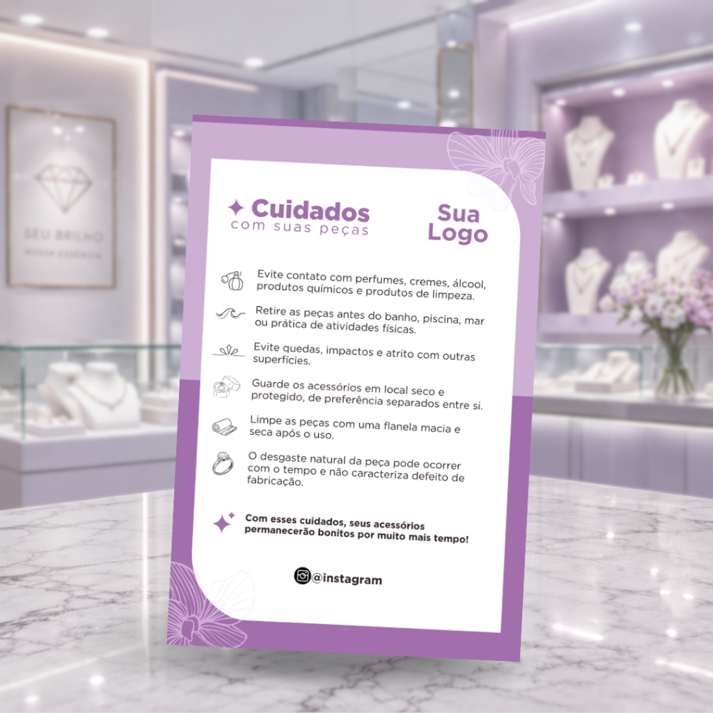 Tag Personalizada Cartão Cuidados Acessorios Prata 925 Semijoias Bijuteria 9x6 Obrigada pela Compra Cartão para Unbox