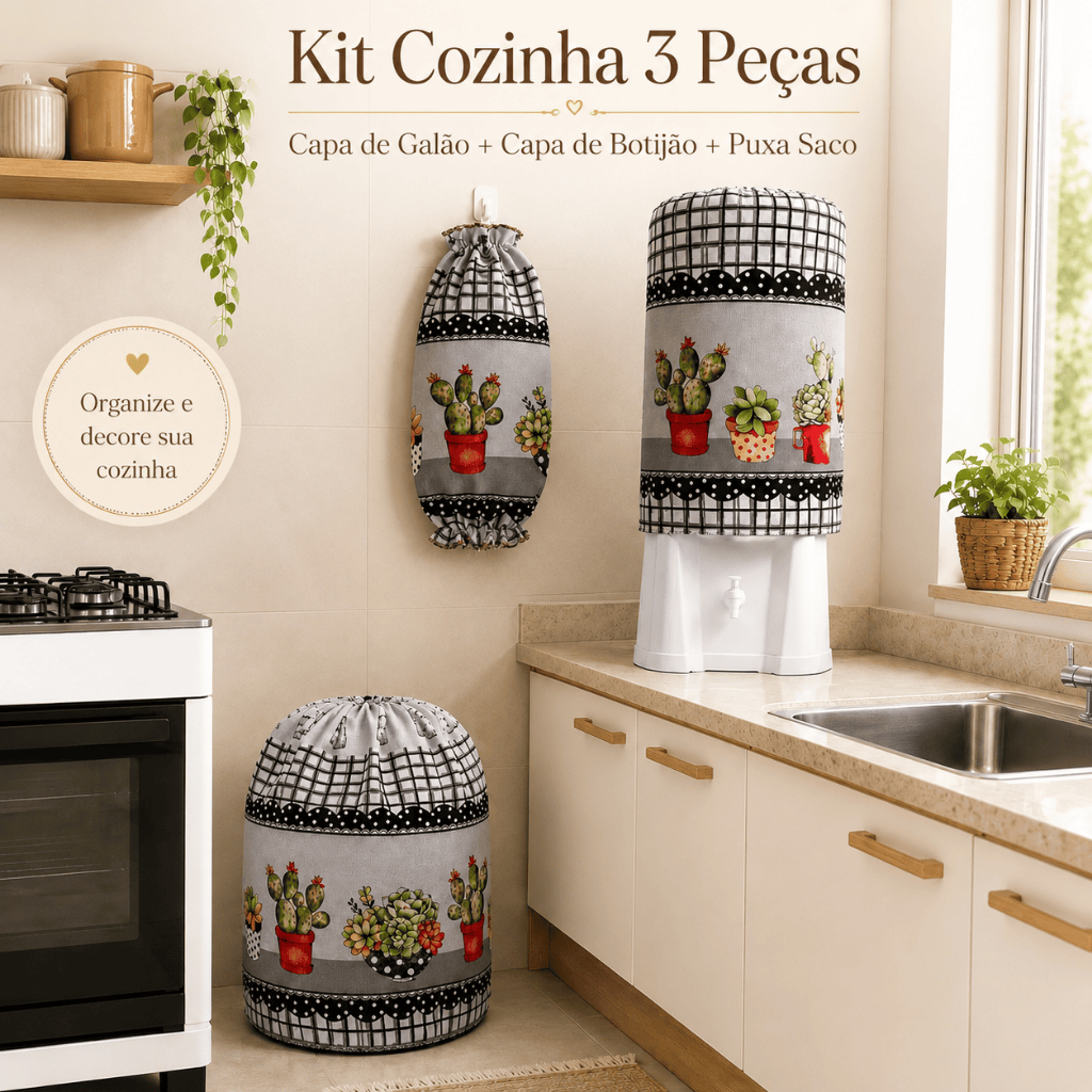 Kit Cozinha 3 Peças Capa Botijão Galão e Puxa Saco