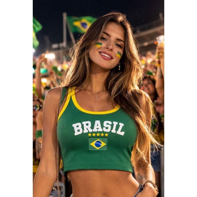 Camiseta Cropped Brasil Com Manguinha Copa do Mundo Ideal para Jogos, Volta as Aulas, Carnaval, Dia a Dia, Trabalho