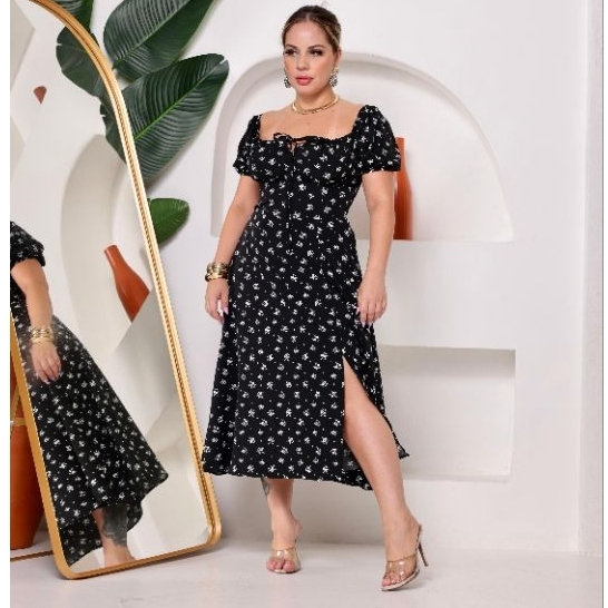 Vestido Femenino Midi, Manga Curta,com Fenda Elegante y Comfortavel look verao
