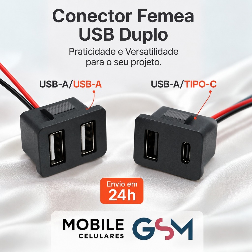 Conector Femea USB Duplo USB A + Tipo C - 5V - Sem Alimentação, Dois fios
