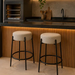 kit 2 Banqueta Stool 65cm Industrial Ferro Preto Linho Bege