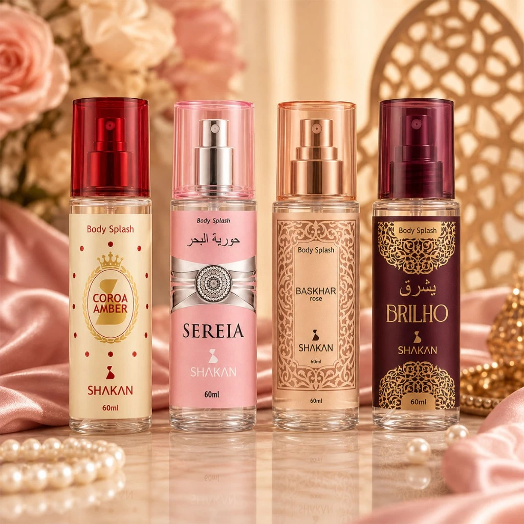 Kit Body Splash Feminino Arabe 60ml Shakan Coroa Amber Sereia Rubi Ametysta Presente Bolsa Ambarados — imagem 1