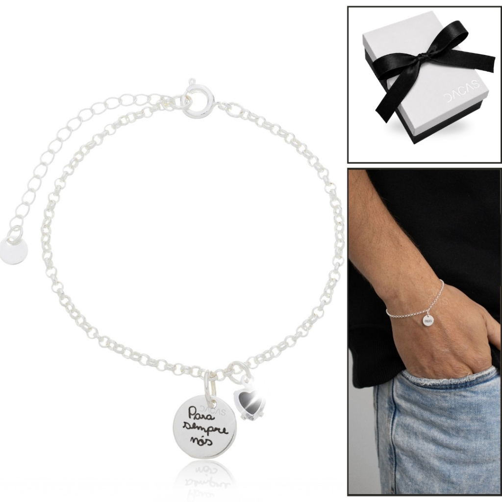 Pulseira Medalha (P) Personalizada Banhado em Prata - Elegante Gravação a Laser Unissex