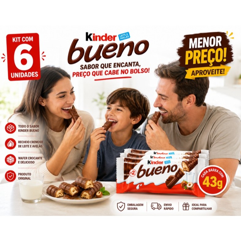 Kit 6 Kinder Bueno 43g Original Chocolate Leite e Avelã | Wafer Crocante | Menor Preço