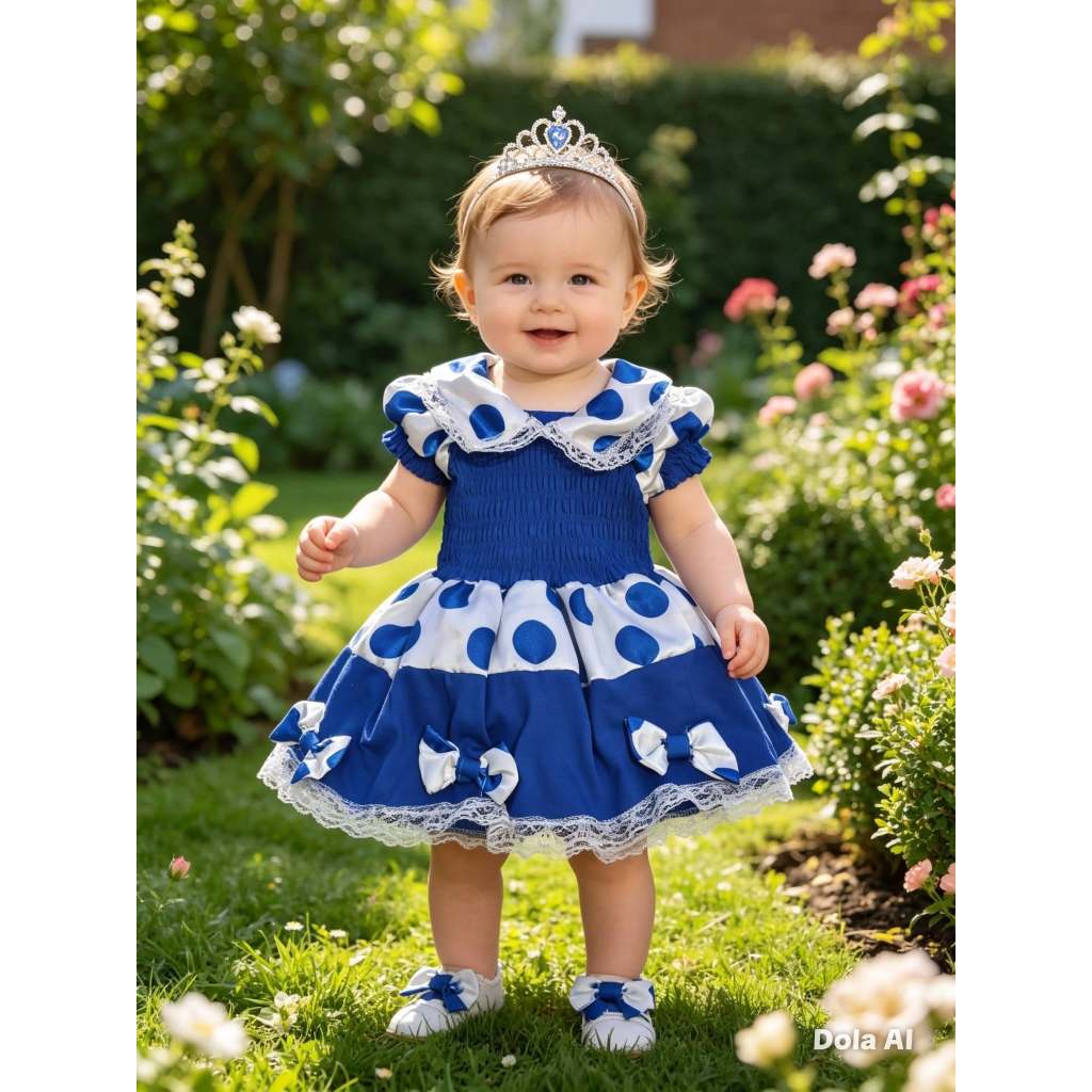 Vestido Infantil Feminino Junino, Modelo Manga Curta, Azul Caneta/Branco Bolinha, Tam: 1, Marca: Bethy.bethy
