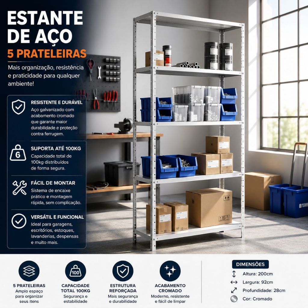 Estante de Aço Galvanizado 5 Prateleiras Cromada 198x90x27cm