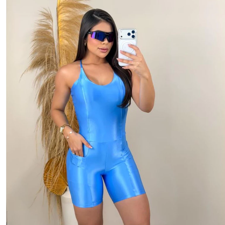 Macaquinho Feminino Fitness Com Bolso Alças Finas Treino Academia Confortável — imagem 1