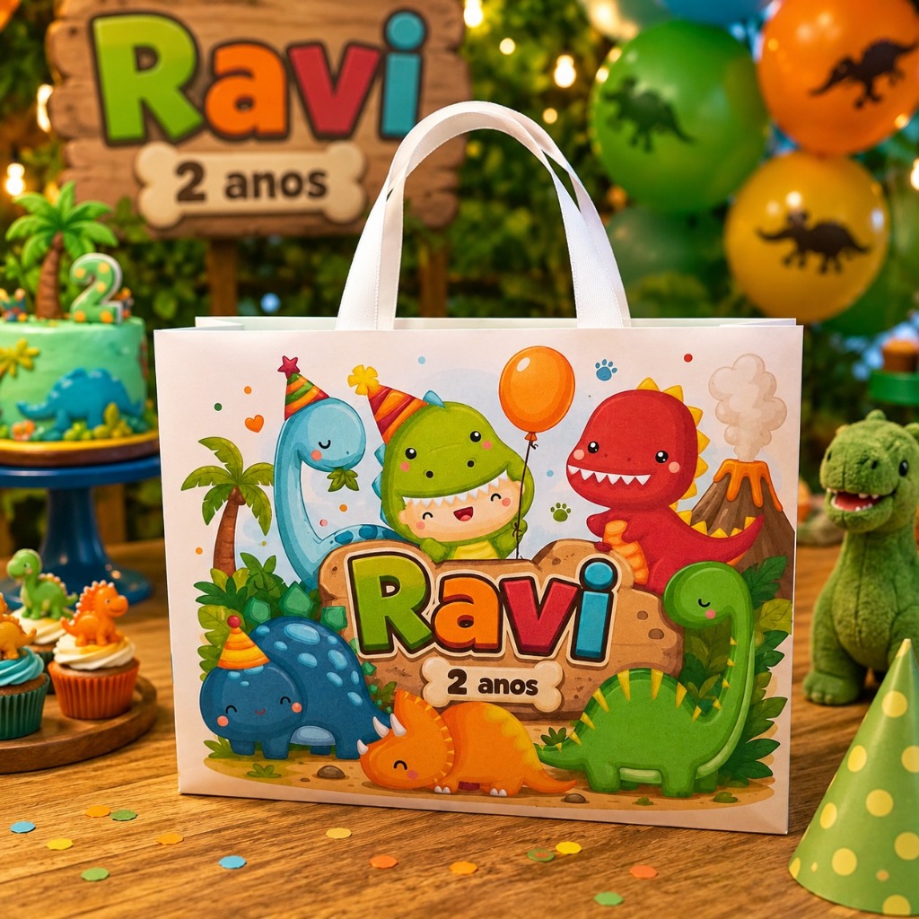 Sacolinha Personalizada Dinossauro Baby com Nome e Idade | Lembrancinha Festa Infantil Pegue e Monte