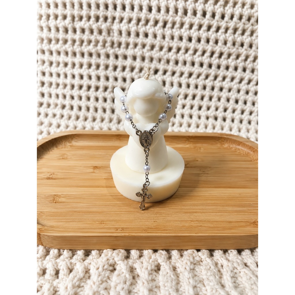 Lembrancinha de Batizado Vela Anjinho com Terço Primeira Comunhão Eucaristia - Kit com 10