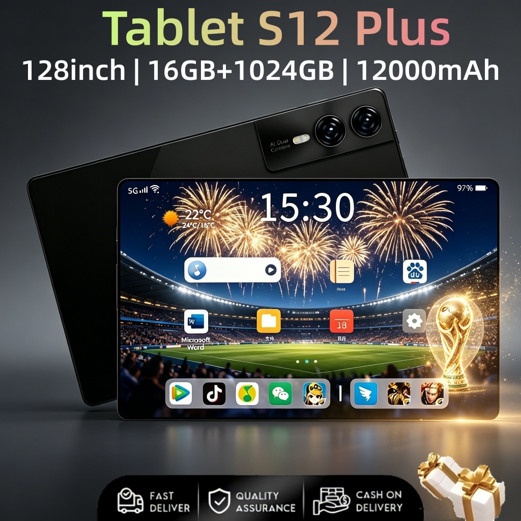 【Teclado, mouse e fone de ouvido grátis】Tablet S12 Plus 12,8 polegadas, 16 GB + 1024 GB, bateria de 12000 mAh, dual-SIM