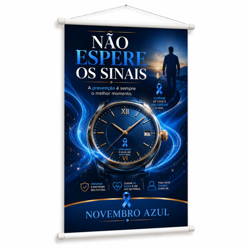 Banner Novembro Azul Saúde Masculina Campanha Preventiva produzido em lona. Cartaz para Hospital Evento Clínica Pub1136